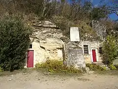 Photographie en couleurs de portes et de fenêtres percées dans une paroi rocheuse.