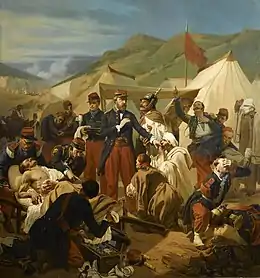 Deux médecins militaires français soignant des blessés de toute origine après la bataille d'Inkerman, le 5 novembre 1854.