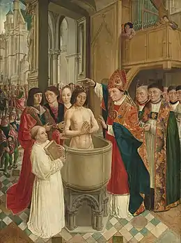 Tableau représentant un baptême donné par un évêque dans une église.