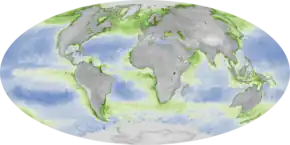 Carte mondiale de la concentration des océans en chlorophylle (2021) ;