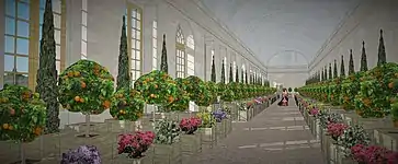 Restitution de l'intérieur de l'Orangerie de Choisy vers 1690.