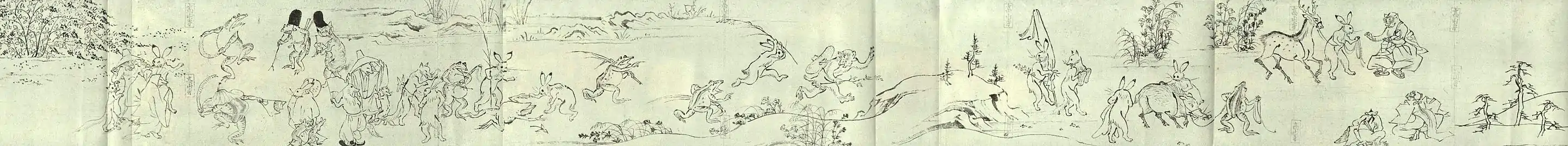 Succession de scènes peintes sans démarcation textuelle. Chōjū-giga, XIIe.
