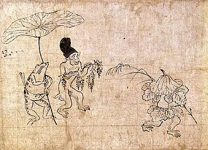 Fragment du premier rouleau du Chōjū-jinbutsu-giga, représentant une grenouille tenant un muguet au-dessus de la tête d'un moine.