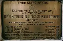 Plaque du 1er Regiment du Gloucestershire a Christ Church a Mhow.