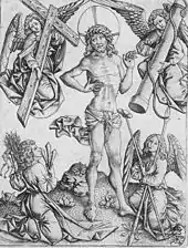 Christ entouré d'anges portant les instruments du supplice : la croix, le poteau de flagellation, la lance et les clous.