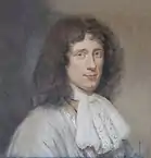 Peinture de Huygens de trois quart, avec une tenue d'époque et de longs cheveux noirs.