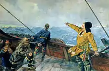 Peinture représentant des hommes dans un navire, l'un d'entre eux pointant le bras vers l'hoorizon.