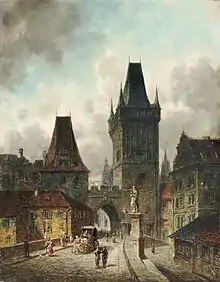 Tableau représentant les tours du pont Charles, un fiacre et quelques passants sont visibles au premier plan.