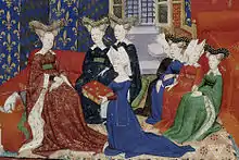 Exemple de représentation du matrimoine : cette enluminure de 1413 montrant Christine de Pizan présentant ses Épîtres du Débat sur le Roman de la Rose à la reine Isabelle de Bavière.