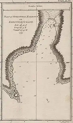 Carte géographique en sépia de la baie de l'oiseau avec les différents repères géographiques et sondages bathymétriques
