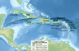 La Guadeloupe sur le trajet du deuxième voyage de Christophe Colomb (1493-1496).