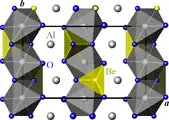 Projection de la structure du chrysobéryl dans le plan (a, b). Gris : Al, jaune : Be, bleu : O. Les octaèdres Al2O6 ne sont pas représentés pour plus de clarté. Le parallélépipède noir représente la maille conventionnelle.