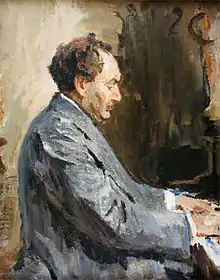Peinture d'un homme assis au piano vu de profil droit