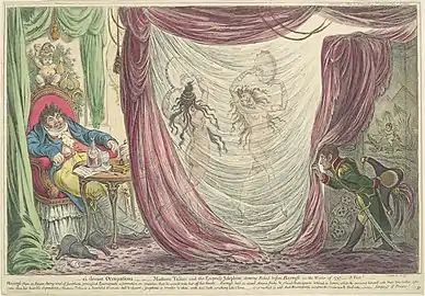 Caricature anglaise de 1806 : Mme Tallien et l'impératrice Joséphine dansant nues devant Barras en hiver 1797 (Bonaparte étant lui aussi présent).