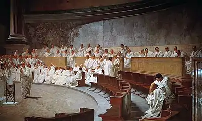 Représentation d'une séance du Sénat sur la toile, Catilina étant montré du doigt par Cicéron.