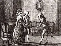 Dans un salon, jeune homme (à droite) saluant la femme du couple qui lui fait face