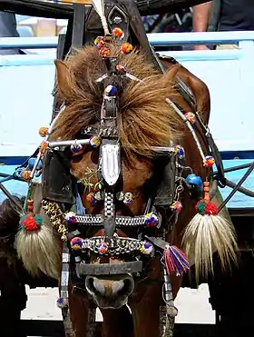 Poney marron avec harnachement décoré