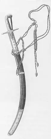 Dessin en noir et blanc d'un sabre recourbé dans son fourreau.