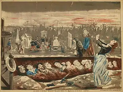 Victimes du coup d'État, enterrées dans une fosse commune du cimetière de Montmartre le 4 décembre 1851. Estampe anonyme, musée Carnavalet, 1851.