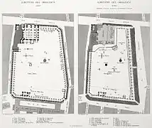 Plan du cimetière et de l'église des Innocents en 1550 et 1780