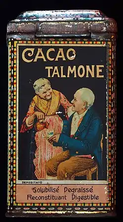 Boîte historique du cacao Talmone, ici en français : « Solubilisé. Dégraissé. Reconstituant. Digestible ».