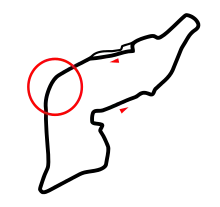 Graphique représentant le tracé d'Imola avec des flèches pour les sens de circulation et en entouré le lieu de l'accident mortel d'Ayrton Senna.