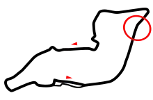 Graphique représentant le tracé d'Imola avec des flèches pour les sens de circulation et en entouré le lieu de l'accident mortel de Roland Ratzenberger.