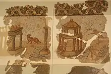 Détail d'une mosaïque avec des détails architecturaux de l'intérieur d'un cirque romain.