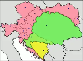 Carte de la monarchie austro-hongroise : en vert la « Grande Hongrie » (y compris la Croatie-Slavonie).