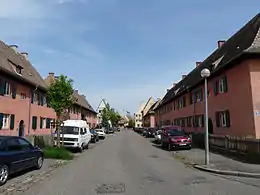 Faubourg-jardin du Stockfeldtracé de la cité-jardin, façades, toitures des bâtiments et annexes, clôtures sur rue, jardins, alignements d'arbres