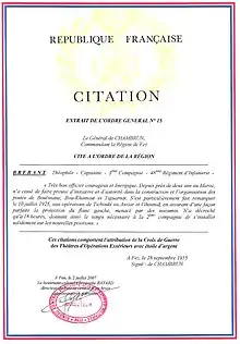 Citation à l'ordre de la région du capitaine Brébant dans la région de Fez le 10 juillet 1925.