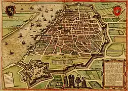 La ville d'Anvers avec ses fortifications par Georg Braun et Frans Hogenberg in atlas Civitates orbis terrarum, vol. I, 1572.