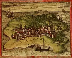 Représentation de la ville de Kilwa en 1572, tirée de l'atlas de Georg Braun et Frans Hogenberg Civitates orbis terrarum.