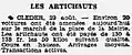 Article de journal évoquant la vente de la récolte des artichauts à Cléder en 1938.