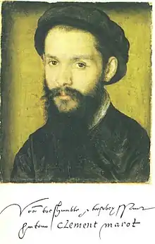 portrait réaliste en buste de Clément Marot avec béret noir, longue barbe et vêtement noir, avec en-dessous une dédicace