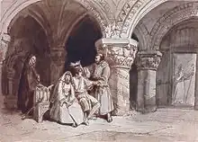 Lavis montrant quatre personnages dans un décor de grandes arches voûtées. Au centre, un jeune homme et une jeune femme sont assis sur un banc. Debout à gauche, une femme en habits de religieuse les observe, tandis qu'à droite, un homme en habit de moine tient une couronne au-dessus de la tête du jeune homme