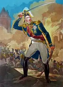 Portrait en pied d'un militaire français de Napoléon, en grand uniforme, sabre haut, avec en fond l'attaque d'une ville par des soldats.