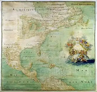 Carte de 1681 du cartographe Claude Bernou avant que La Salle ne traverse le Mississippi. elle révèle un manque de connaissances de la géographie du Texas.