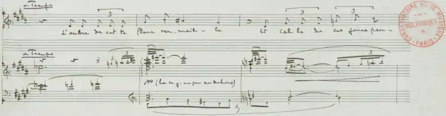 Partition manuscrite pour chant et piano de Debussy