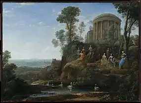 Apollon, les muses, assis sous un temple circulaire dominant un lac avec des cygnes