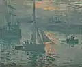 Peinture représentant des bateaux au port alors que le soleil se lève.