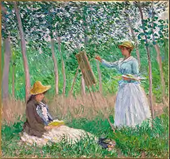 Claude Monet, Dans les bois à Giverny, 1885, huile sur toile, 91 × 98 cm, Musée d'Art du comté de Los Angeles, Los Angeles. Blanche Hoschedé peignant avec sa sœur Suzanne Hoschedé lisant. - Google Art Project.