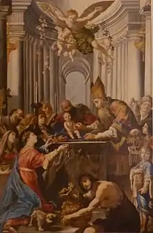 Circoncision d'un bébé, au milieu d'une foule, dans un décor antiquisant.