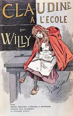 Claudine à l'école par Willy, couverture avec dessin en couleurs d'une fillette en cape rouge et sabots penchée sur un cahier.