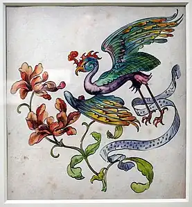 Étude de guirlande fleurie et d'oiseau fantastique, papier à lettre à l'en-tête d'une couronne de baron ? (entre 1870 et 1880), aquarelle, Paris, musée d'Orsay.