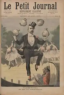 « Le pas du commandité », caricature de Clemenceau figurant en une du supplément illustré du Petit Journal du 19 août 1893 (veille du premier tour des élections législatives).