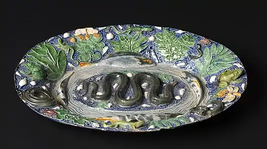 Bassin « rustique », attribué à Bernard Palissy. Fin du XVIe début du XVIIe siècle. Terre vernissée, moulages sur nature, glaçures plombifères. Paris, musée du Louvre.