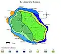 Découpage climatique de la Réunion selon la Classification de Köppen : BSh, Aw, Am, Af, Cwa, Cfa, Cwb et Cfb sont représentés.