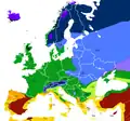 L'Europe du Sud se caractérise par un climat essentiellement méditerranéen, le nord de l'Italie a un climat subtropical humide, climat que l'on retrouve également dans le sud de l'Europe de l'Est (Roumanie, Bulgarie).