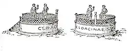 En haut, denarius daté de 42 av. J.-C. À l'avers, le buste voilé de la Concorde. Au revers, deux statues de Vénus se tiennent sur une plateforme avec une balustrade.En bas, Dessin du sanctuaire par Christian Hülsen, 1906.